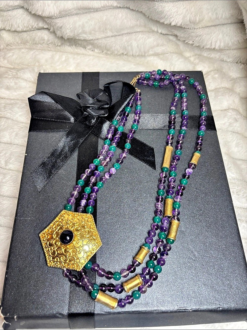 Vintage Purple & Green Statement Beaded Necklace